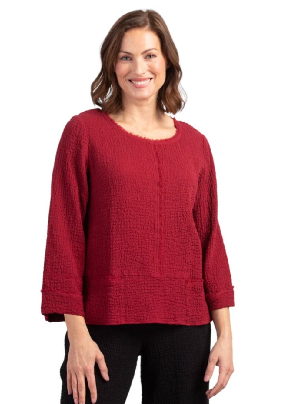 Habitat Cranberry Red Crinkly Cotton Raw Edge Tunic Blouse-Medium